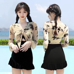 FOURDATRY 泳衣女2025爆款连体保守遮肉蝴蝶罩衫防晒长袖温泉度假泳装