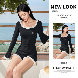 FOURDATRY 黑色蕾丝花边长袖泳衣女遮肚显瘦连体泡温泉度假泳装保守款