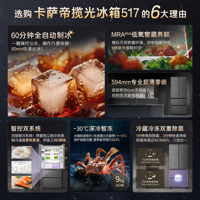 卡萨帝 BCD-517WGCFDMGGUU1 自动制冰零嵌入式冰箱
