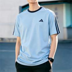 adidas 26夏季新款上衣宽松运动休闲短袖三条纹T恤衫