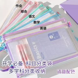 三年二班 网纱文件袋科目分类拉链式双层大容量小学生用A4网纱试卷收纳袋书本资料袋书作业补习袋薄荷绿