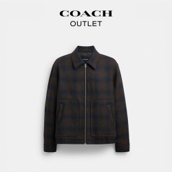COACH 奥莱男士羊毛短夹克外套格纹复古休闲高级感