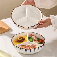 瓷然优品 三格新型蒸碗带盖蒸锅专用碗陶瓷圆形食品级分格餐盘一锅蒸分隔碗 6.5英寸三平分圆形加深蒸碗