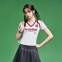 安踏 足球风美式插肩v领短袖t恤速干T女夏季修身显瘦小蛮腰针织衫