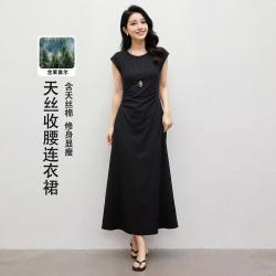 秋水伊人 莱赛尔天丝棉连衣裙夏季新款掐腰褶皱垂顺裙子