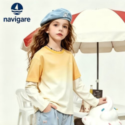 navigare 意大利小帆船童装女童T恤长袖6-14岁假两件上衣秋 春日奇迹橘米色渐变 140
