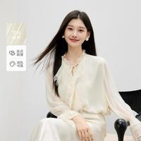 秋水伊人 复古优雅上衣女百搭蕾丝花边装饰领雪纺衫