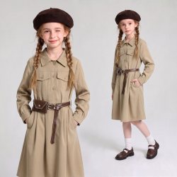 小叮尤尤 2026文艺风女童工装连衣裙收腰长袖衬衫裙女孩出游法式复古中长裙