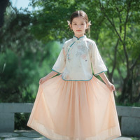 小叮尤尤 女童汉服套装中大童新中式国风连衣裙儿童旗袍裙子三件套