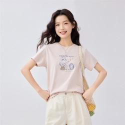佐丹奴 小动物印花女式T恤纯棉夏季女上衣清新减龄圆领正肩短袖T恤女款