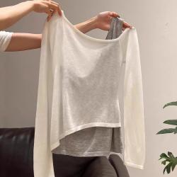 帕兰朵 撞色假两件微透长袖打底衫上衣女修身时尚高品质