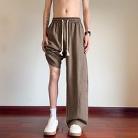 月伊纺 夏季新款大码直筒裤男宽松百搭仿麻拼接大码拖地弯刀裤青年休闲裤