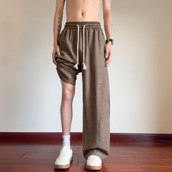 月伊纺 夏季新款大码直筒裤男宽松百搭仿麻拼接大码拖地弯刀裤青年休闲裤