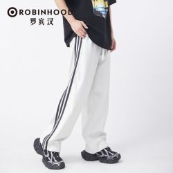 罗宾汉 三条杠阔腿卫裤男女同款抽绳直筒休闲裤美式垂感运动长裤男