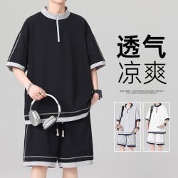 月伊纺 短袖t恤两件套男夏季半拉链立领宽松大码体恤运动套装短裤两件装