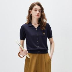 科蒙博卡 科蒙 假开襟可机洗桑蚕丝POLO领T恤夏高级辣妹短袖时髦针织上衣