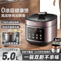 苏泊尔 304厚底钢釜电压力锅家用全自动智能0涂层5升双胆高压锅