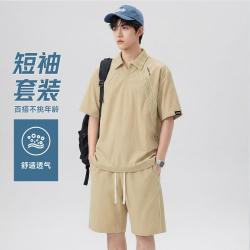 吉普 夏季男式短袖套装亲肤柔软时尚潮酷V领户外休闲套装