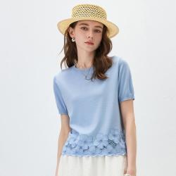 科蒙博卡 科蒙 少女感花朵绣花可机洗桑蚕丝圆领T恤夏减龄针织短袖舒适上衣