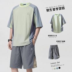 KAISER 冰丝运动拼装撞色套装男士夏季新款短袖短裤刺绣休闲两件套
