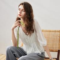 科蒙博卡 科蒙 100%桑蚕丝薄纱衬衫女夏季季V领抽皱上衣百搭T恤甜美小衫