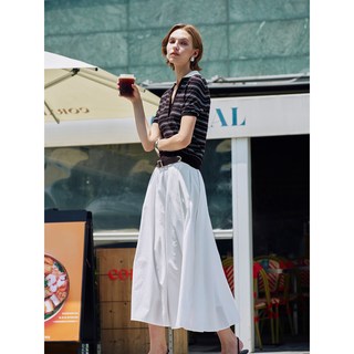 LILY 复古撞色条纹翻领V领短袖针织衫