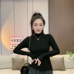 长袖T恤女黑色加绒打底衫显瘦半高领百搭秋冬新款冬季上衣#0028-2