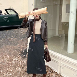 加绒加厚垂坠感高腰直筒半身裙女秋冬季优雅仿羊绒软糯米长裙6101
