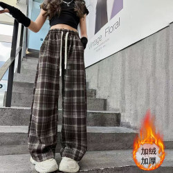 女童加绒秋冬格子裤2024冬季中大童加厚毛呢休闲裤潮流直筒阔腿裤