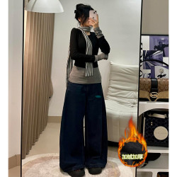 秋冬撞色假两件设计感打底衫女加绒内搭长袖T恤上衣服送条纹飘带