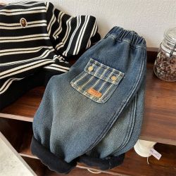 儿童男童牛仔裤2026冬季宝宝女童长裤加厚抓痕个性口袋一体绒裤子