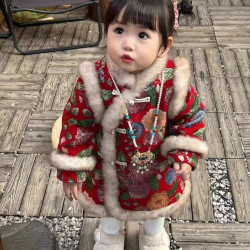 拜年服女童汉服冬款加绒加厚中国风新年服长款儿童旗袍女宝连衣裙