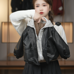 男童加绒皮衣外套女童2025冬季新款条纹假两件洋气时尚百搭外套
