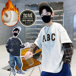 儿童男童春秋冬款卫衣中大加绒假两件上衣痞帅潮牌