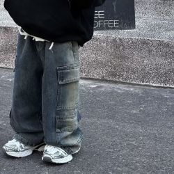 儿童工装牛仔裤2025男女童潮酷牛仔裤宝宝复古重工街舞直筒长裤韩