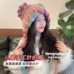 小熊耳多巴胺彩色儿童针织帽冬毛绒加厚男女宝宝可爱显脸小包头帽