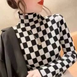发热双面德绒半高领打底衫女秋冬洋气2026年新款棋盘格修身上衣