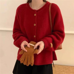 春秋冬新款韩版卷边圆领纯色针织开衫外套毛衣女长袖