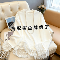欧货白色长袖t恤女蕾丝冬新款加绒中长内搭百搭打底衫