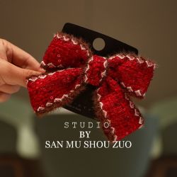 女童新年红色蝴蝶结小香风不易掉弹簧夹 宝宝后脑勺马尾发饰发夹