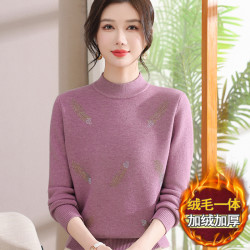 妈妈毛衣加绒加厚秋冬装保暖上衣中老年人女装针织打底衫