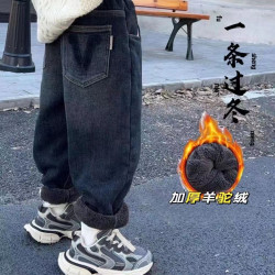 儿童加绒加厚牛仔长裤冬季一体绒休闲裤子中大童外穿羊驼绒牛仔裤