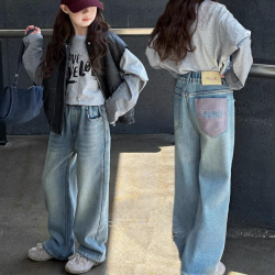 女童牛仔裤春秋款2026新款中大童季时髦女孩牛仔裤直通洋气阔腿裤