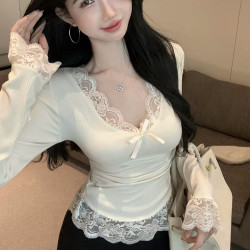 春秋季甜辣妹纯欲蕾丝长袖t恤女蝴蝶结新款显瘦打底衫洋气上衣女