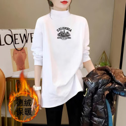 特大码半高领德绒加厚保暖打底衫女秋冬宽松中长款内搭t恤上衣