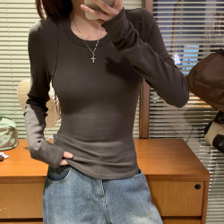 HHYB Hello 多色磨毛打底衫女百搭纯色修身显瘦女ins设计感上衣 H10083