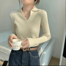 （1027）加厚POLO领设计2026春季新款百搭纯色针织衫打底毛衣女