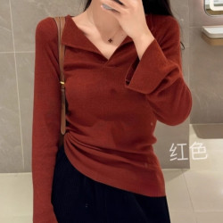 柔姝 现货-纯色V领修身上衣女2026秋冬新款软糯纸片人针织打底衫A6-18