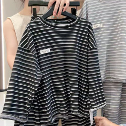 秋季新款韩版男女中大童慵懒风条纹时尚圆领柔软舒适家居服套装