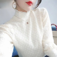 半高领冬季长袖蕾丝衫镂空打底衫女款爆款2025新款遮肚子秋冬